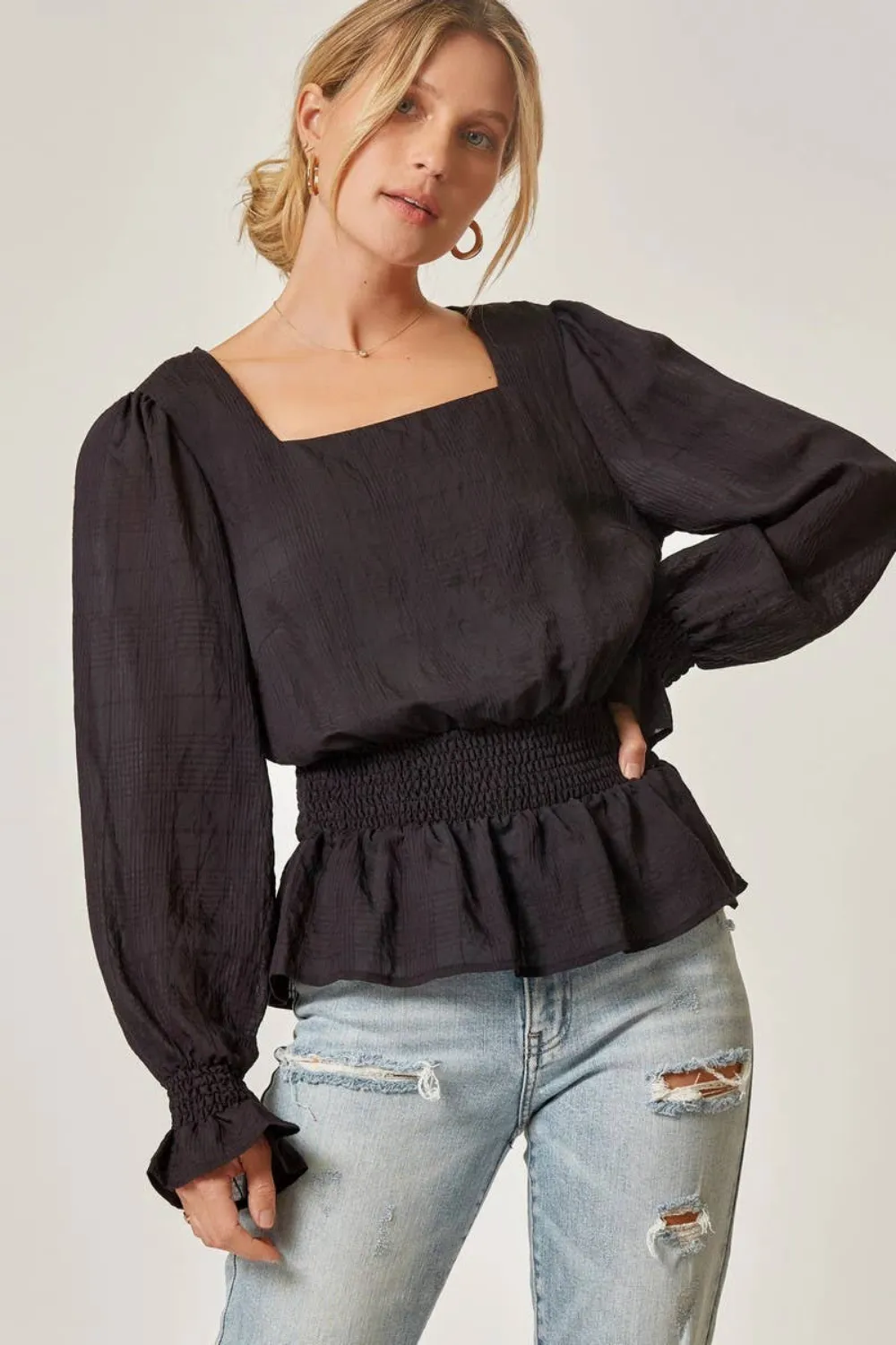 LONG SLEEVE SMOCKED BLOUSE | BLACK