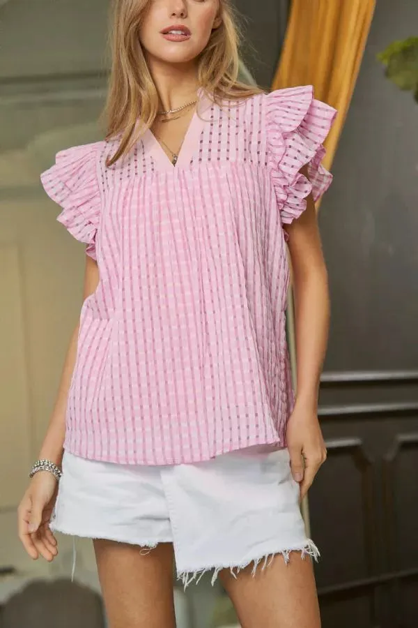 Mandarin collar with ruffle details and double layer ruffle sleeves and round hem top blouse