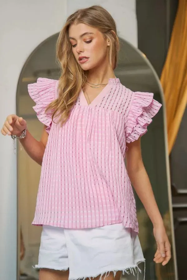 Mandarin collar with ruffle details and double layer ruffle sleeves and round hem top blouse