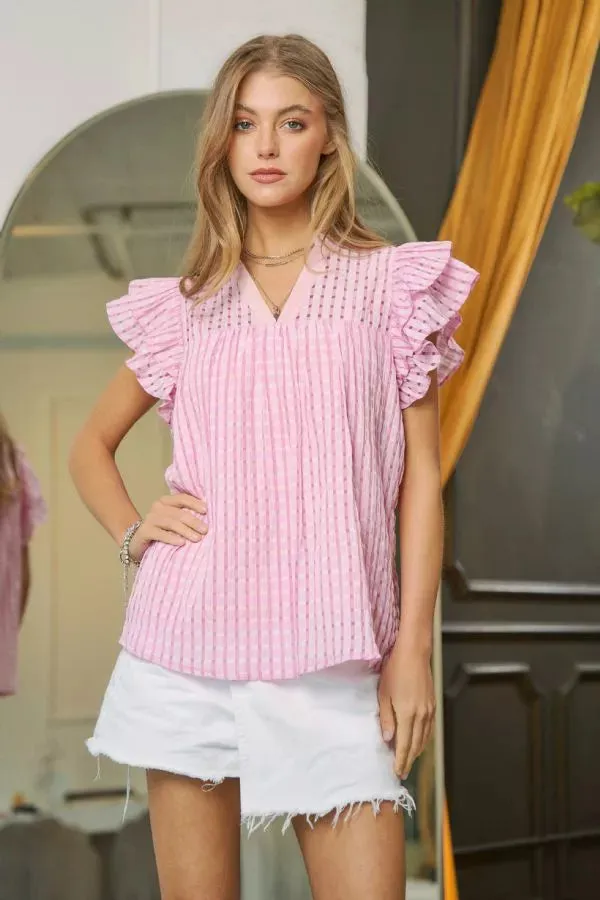 Mandarin collar with ruffle details and double layer ruffle sleeves and round hem top blouse