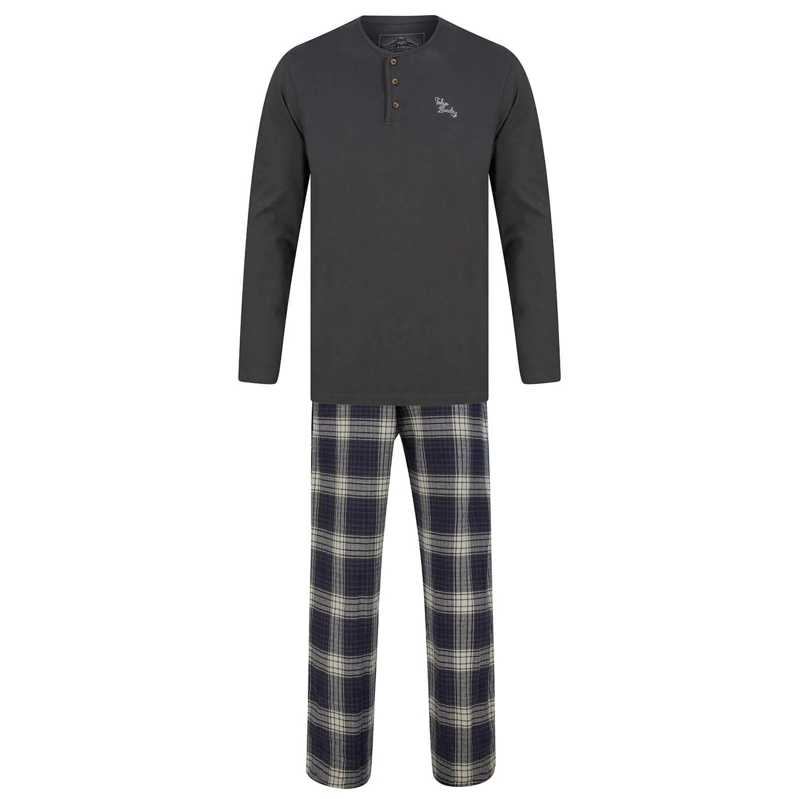 Mens Lounge Set PJs Long Sleeve Top Checked Trousers Cotton