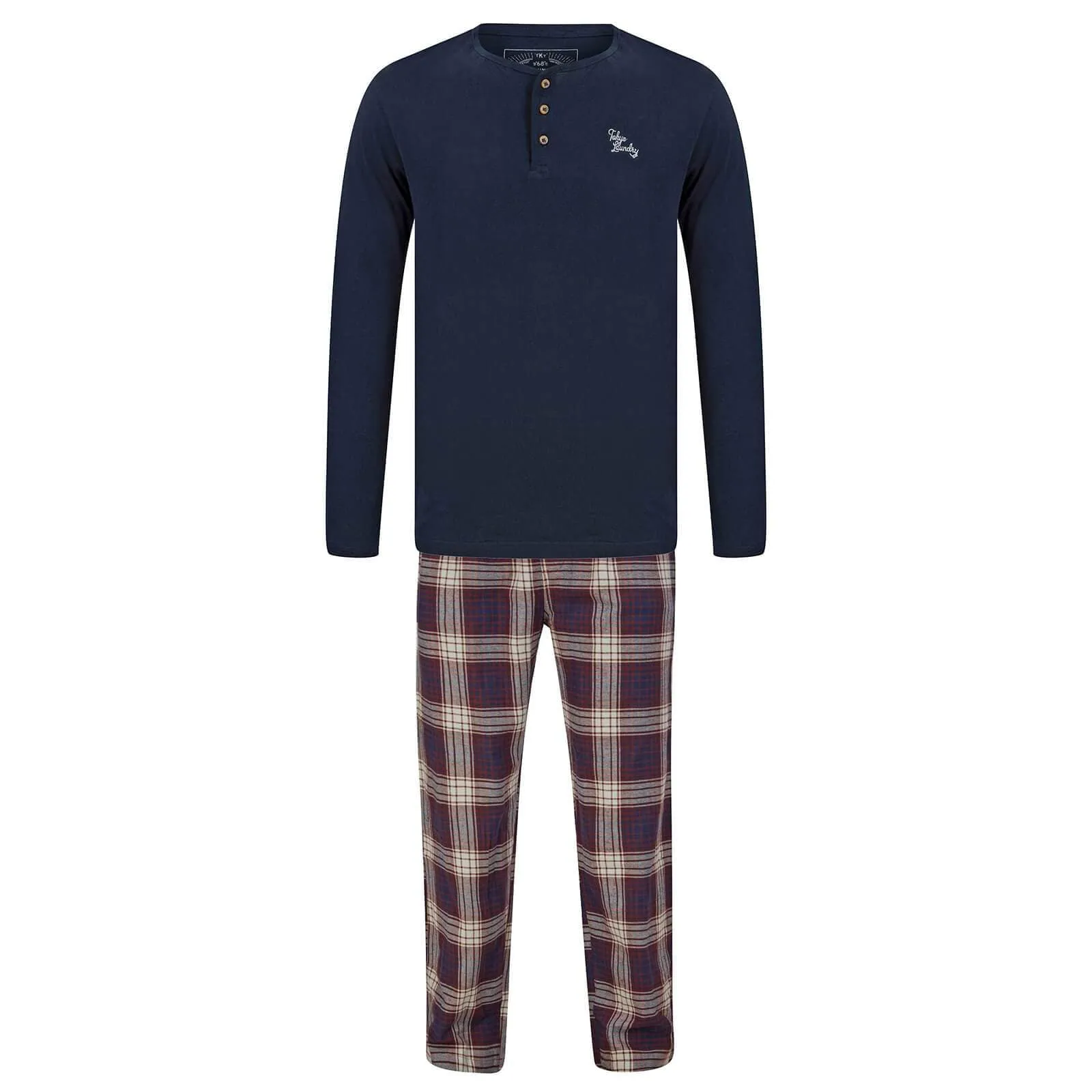 Mens Lounge Set PJs Long Sleeve Top Checked Trousers Cotton