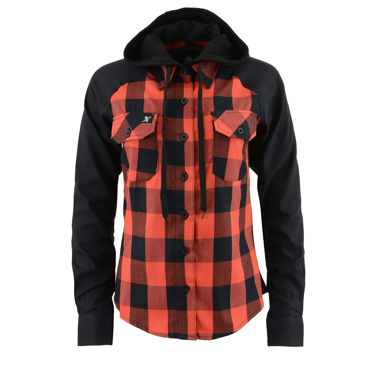 Milwaukee Leather MNG21602 Women's Casual Black and Red Long Sleeve Cotton Flannel Shirt with Hoodie