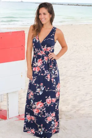 Navy Floral Sleeveless Maxi Dress