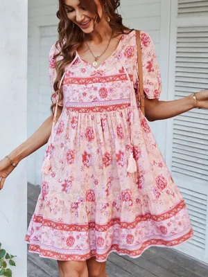 Pink Romantic Floral Print Short Sleeve Bohemia Holiday Dress For Women