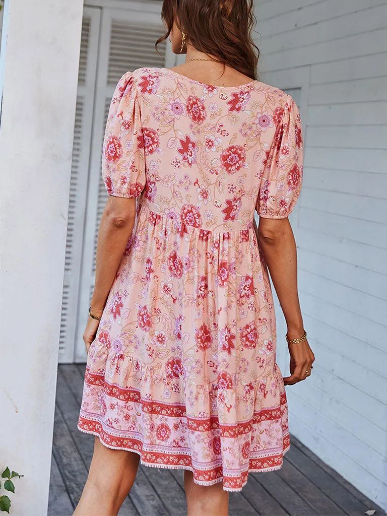 Pink Romantic Floral Print Short Sleeve Bohemia Holiday Dress For Women