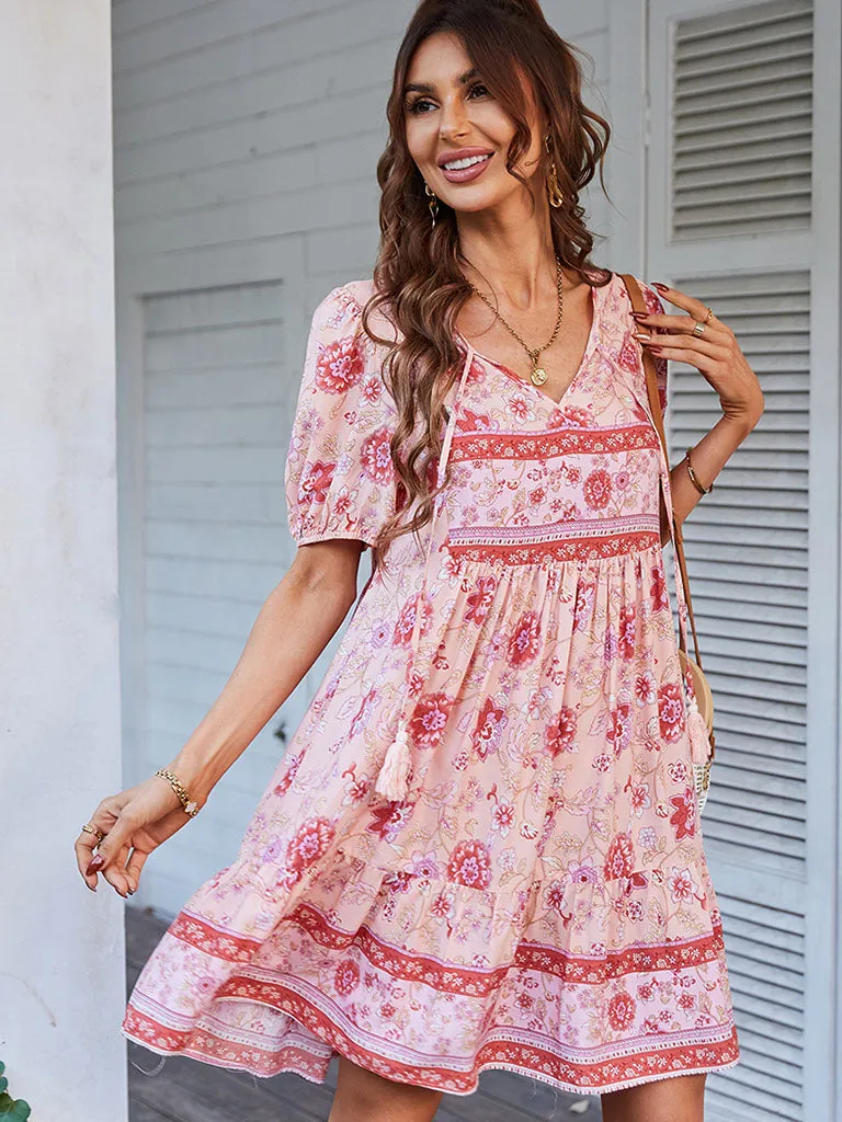 Pink Romantic Floral Print Short Sleeve Bohemia Holiday Dress For Women