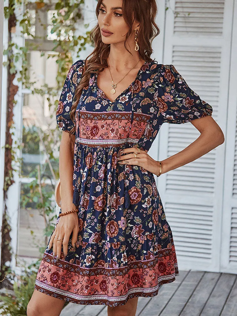 Pink Romantic Floral Print Short Sleeve Bohemia Holiday Dress For Women