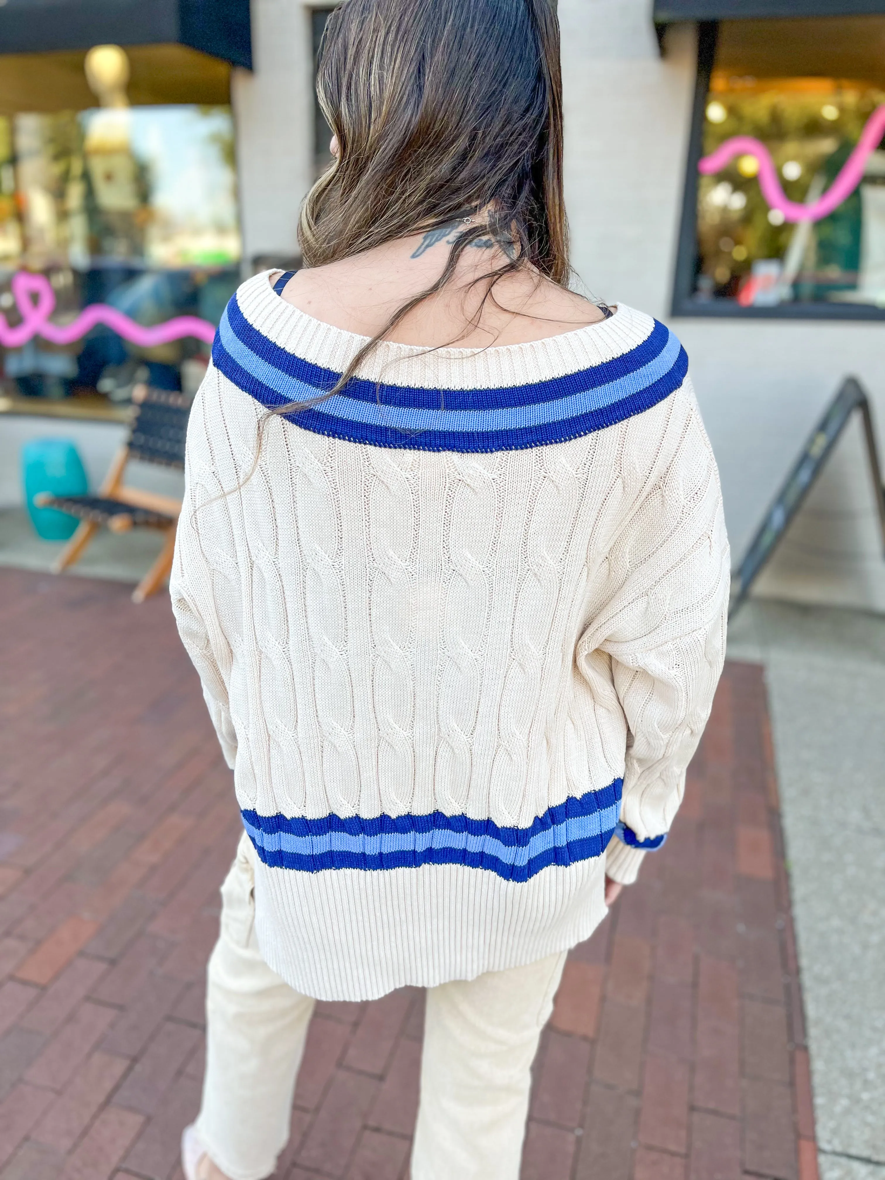 Preppy Stripe Cable Knit Sweater