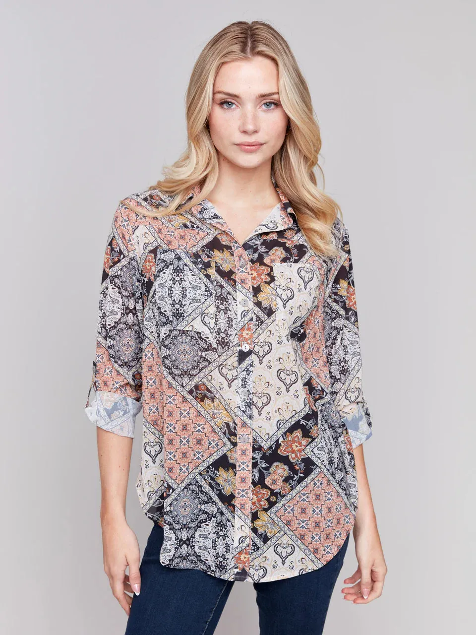 PRINTED BUTTON FRONT BLOUSE