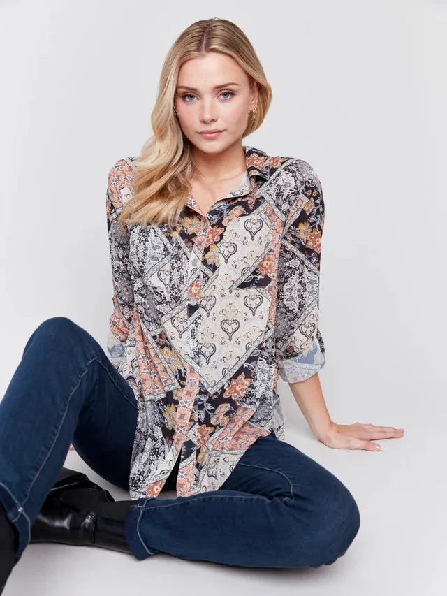 PRINTED BUTTON FRONT BLOUSE