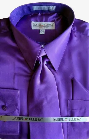 Purple Satin Dress Shirt Set with Matching Tie & Pocket Square