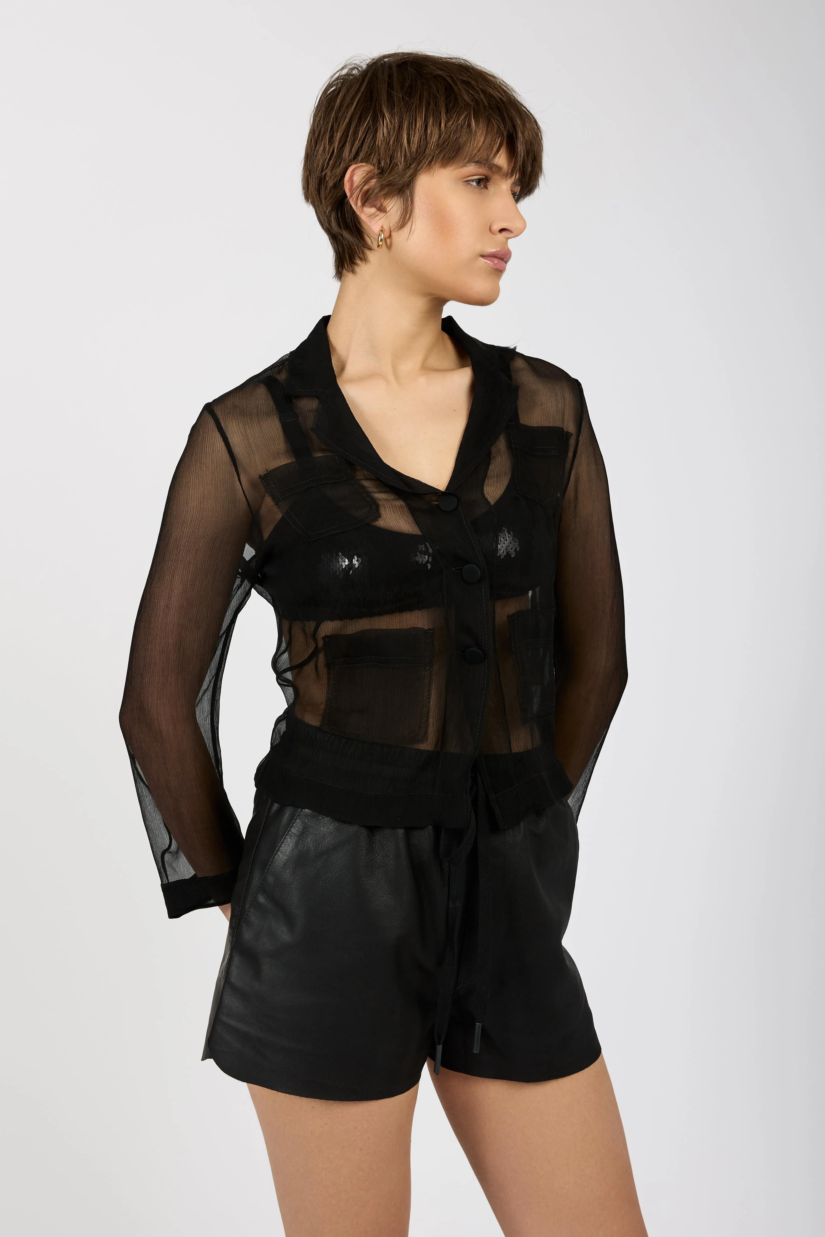 Sheer Silk Blazer Top in Black