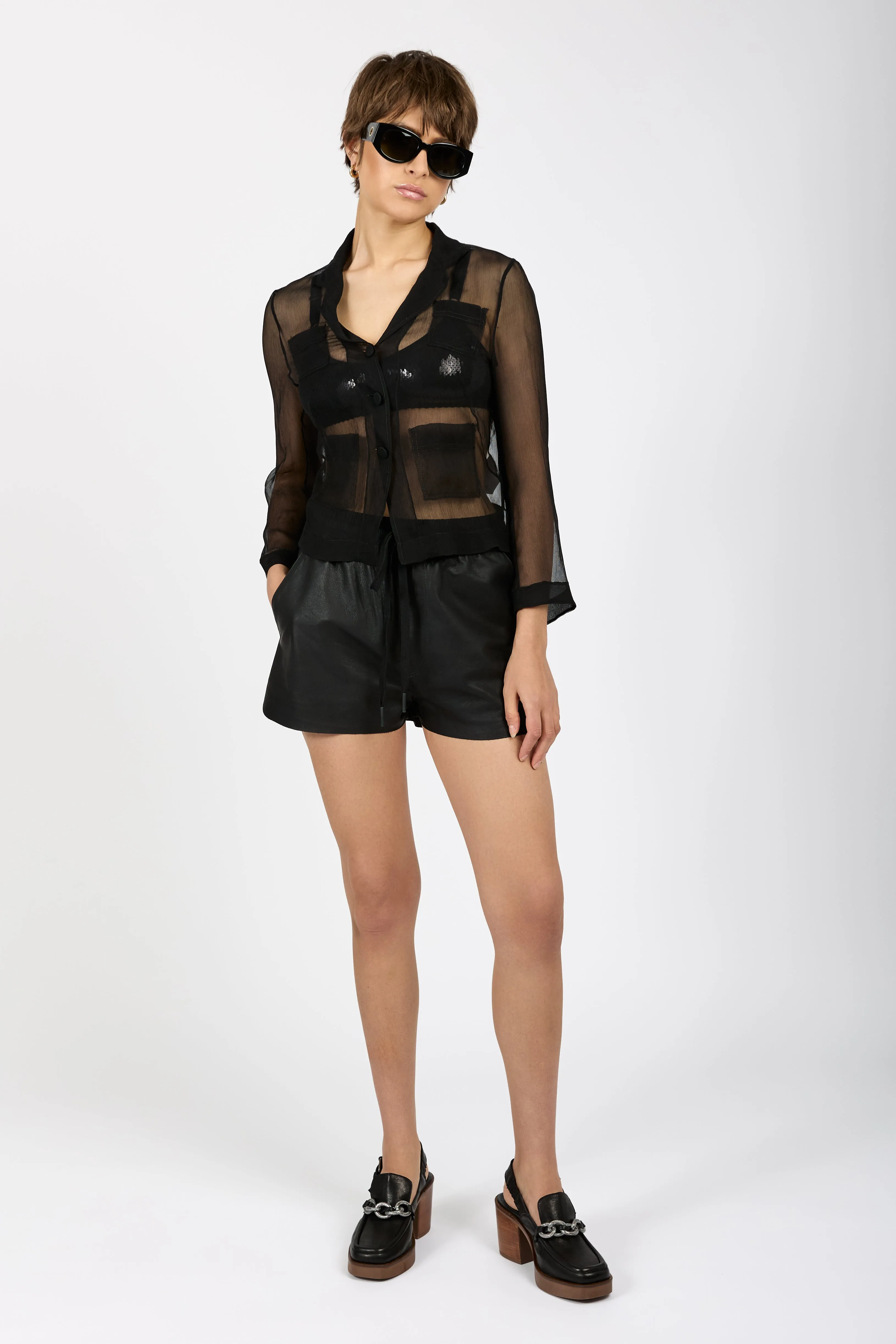 Sheer Silk Blazer Top in Black