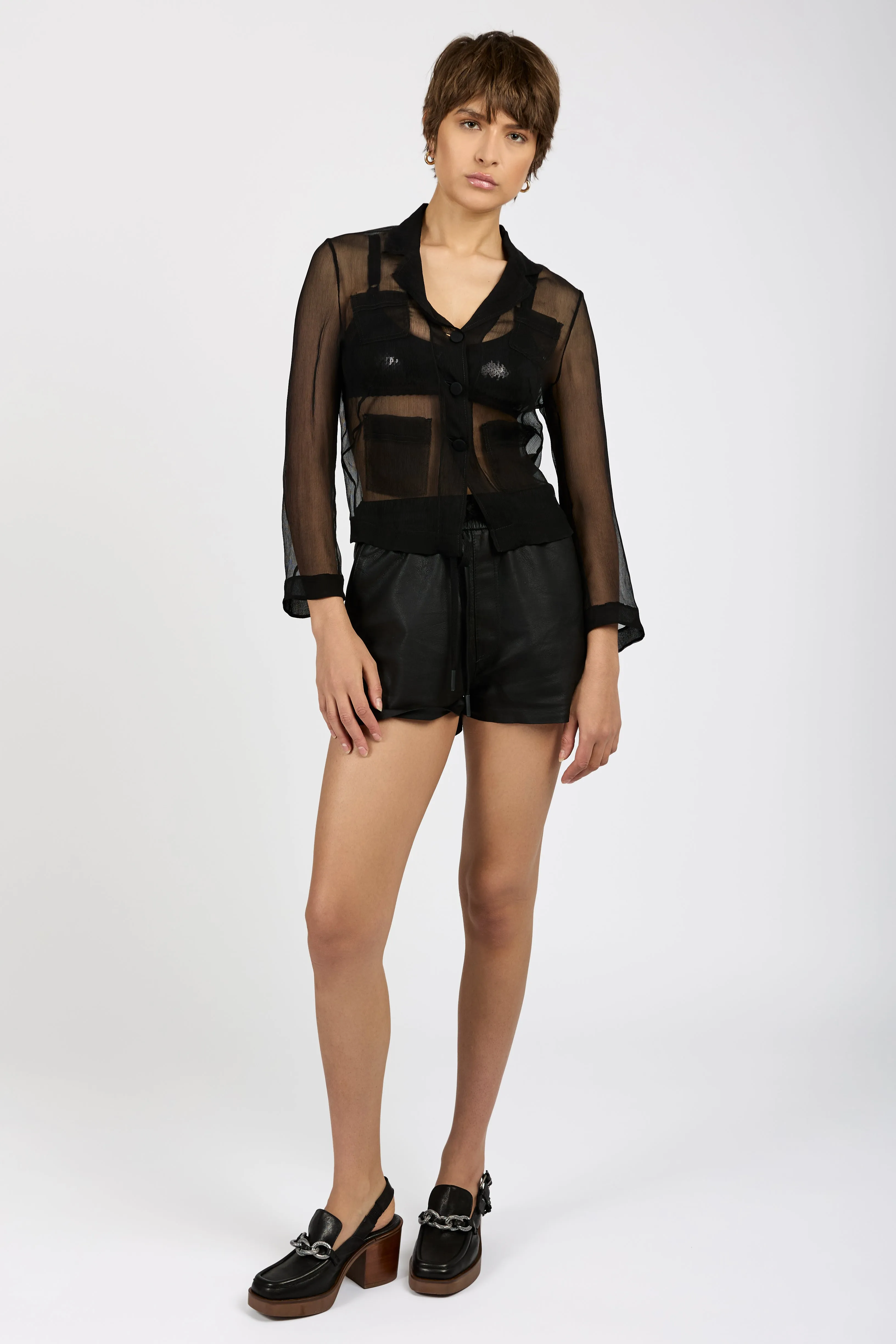 Sheer Silk Blazer Top in Black