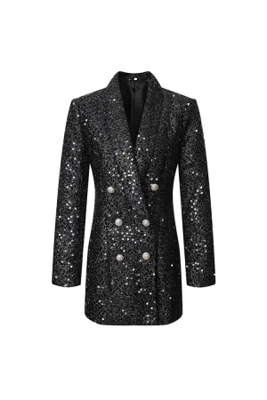 Sparkly Lapel Long Sleeve Double Breasted Longline Sequin Party Blazer