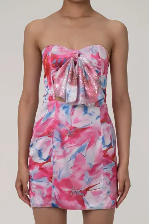 Sparkly Sequin Bow Cutout Floral Print Strapless Sheath Party Mini Dress