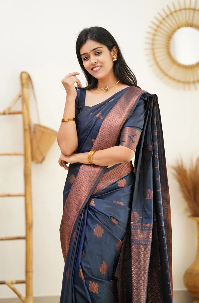 Staring Navy Blue Soft Silk Saree With Beautiful Blouse Piece