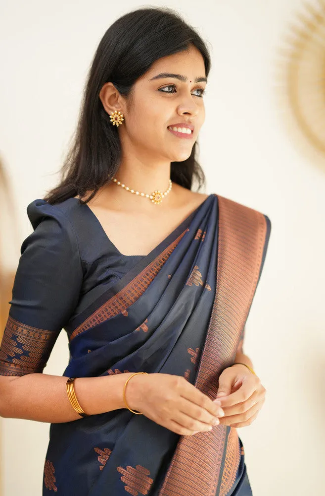 Staring Navy Blue Soft Silk Saree With Beautiful Blouse Piece