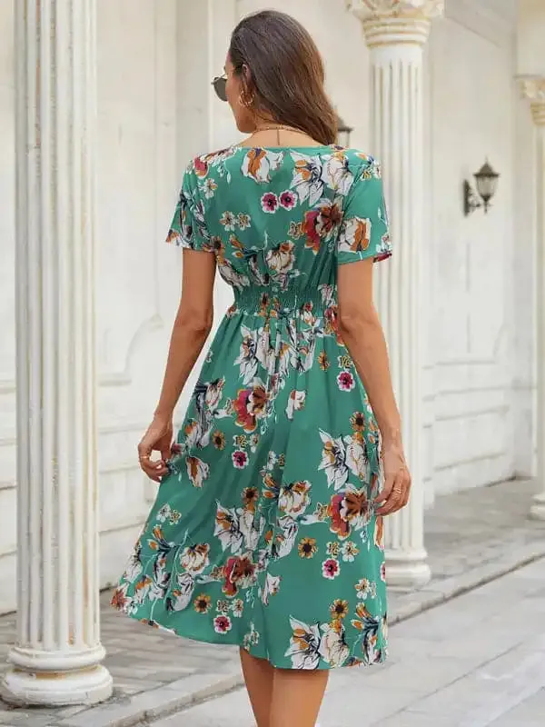 Summer new elegant casual vacation V-neck floral print short-sleeved dress