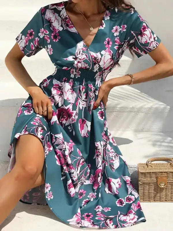 Summer new elegant casual vacation V-neck floral print short-sleeved dress