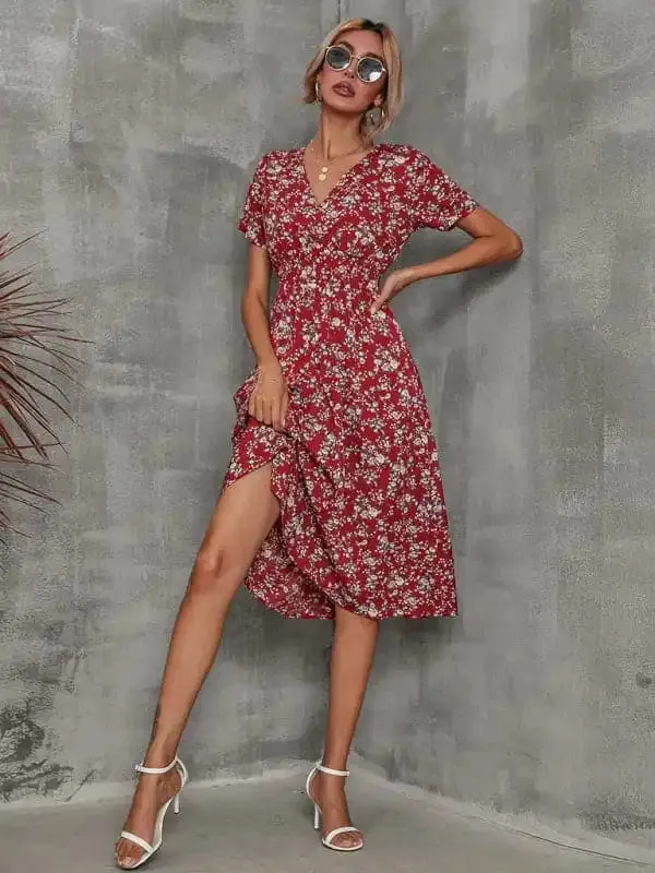 Summer new elegant casual vacation V-neck floral print short-sleeved dress