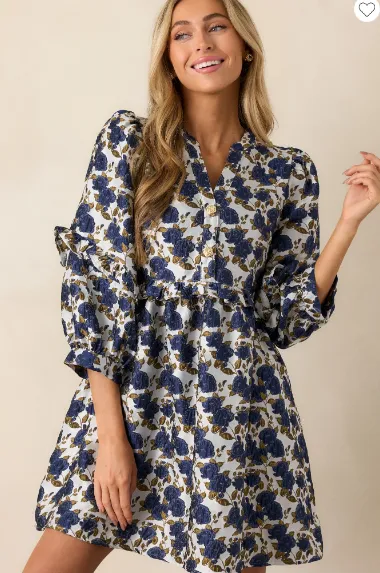 Waves Of Roses Navy Floral Puff Sleeve Mini Dress