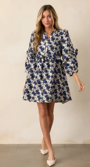 Waves Of Roses Navy Floral Puff Sleeve Mini Dress