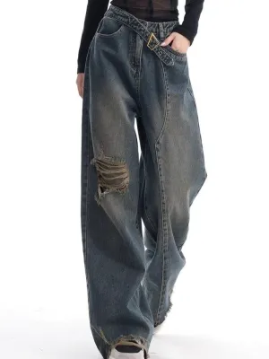 Wenkouban Vintage Washed Baggy Boyfriend Jeans with Buckle and Ribbed Details