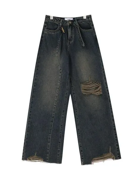 Wenkouban Vintage Washed Baggy Boyfriend Jeans with Buckle and Ribbed Details