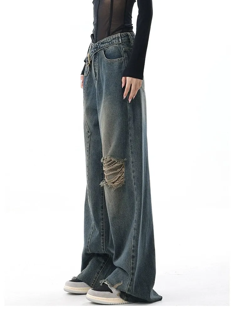 Wenkouban Vintage Washed Baggy Boyfriend Jeans with Buckle and Ribbed Details