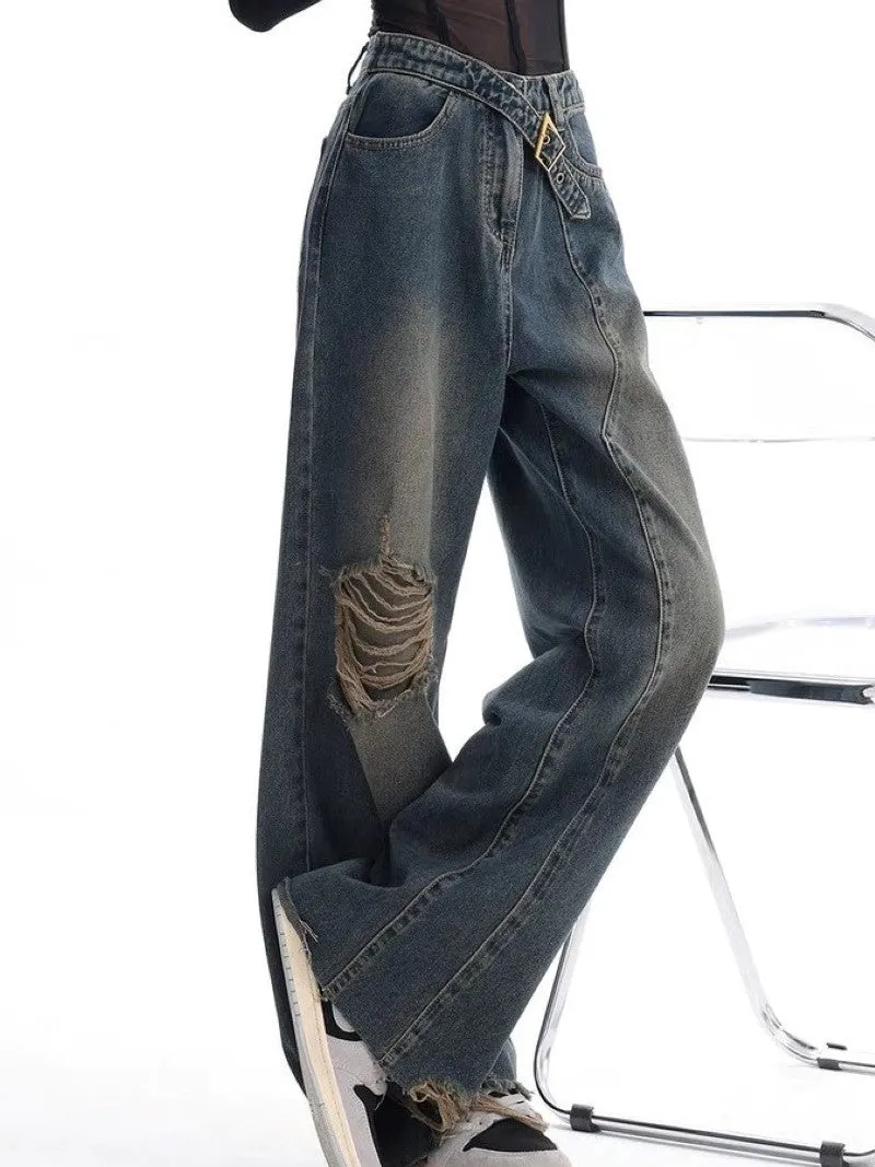 Wenkouban Vintage Washed Baggy Boyfriend Jeans with Buckle and Ribbed Details