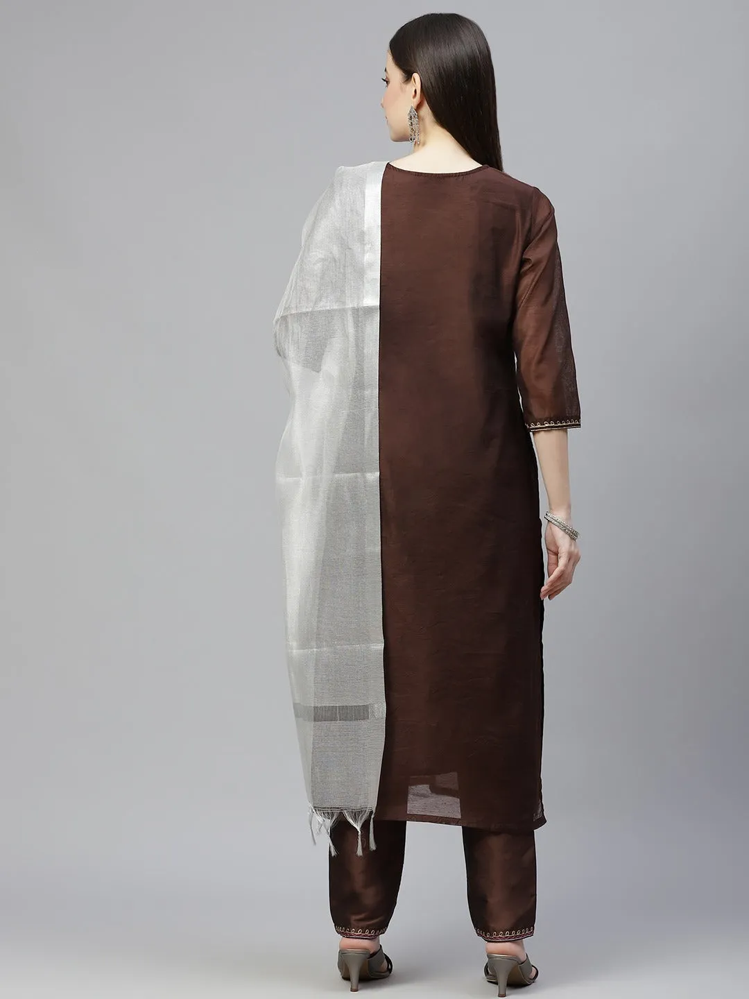 Women Coffee Brown Embroidered Aari Work Kurta With Trousers & Dupatta