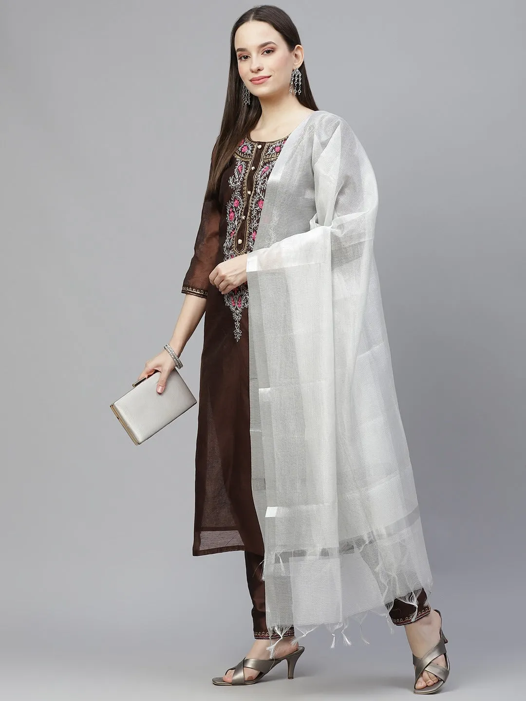 Women Coffee Brown Embroidered Aari Work Kurta With Trousers & Dupatta