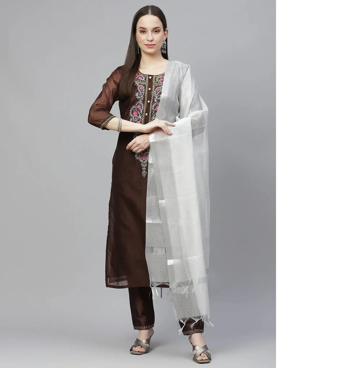 Women Coffee Brown Embroidered Aari Work Kurta With Trousers & Dupatta