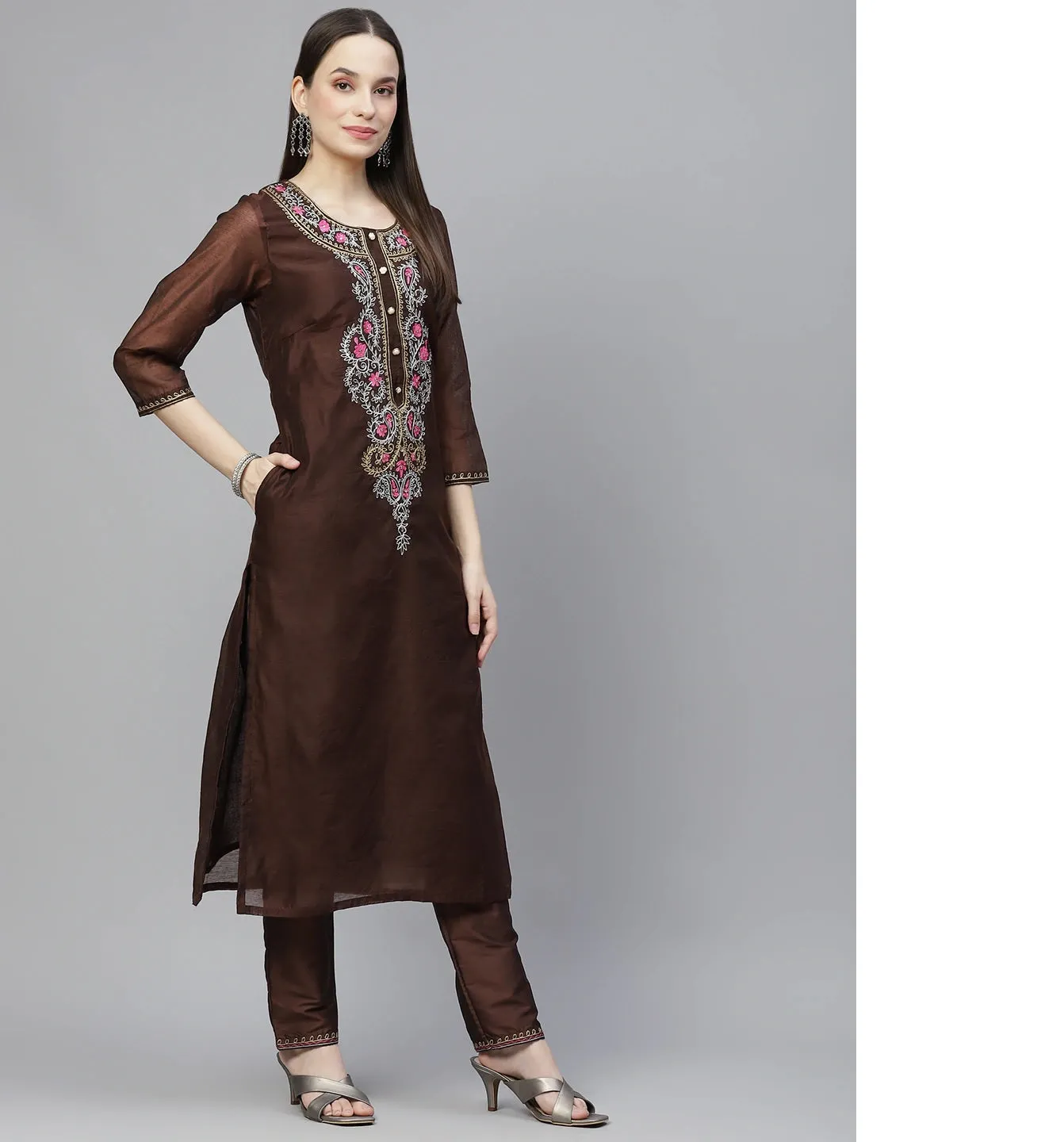 Women Coffee Brown Embroidered Aari Work Kurta With Trousers & Dupatta