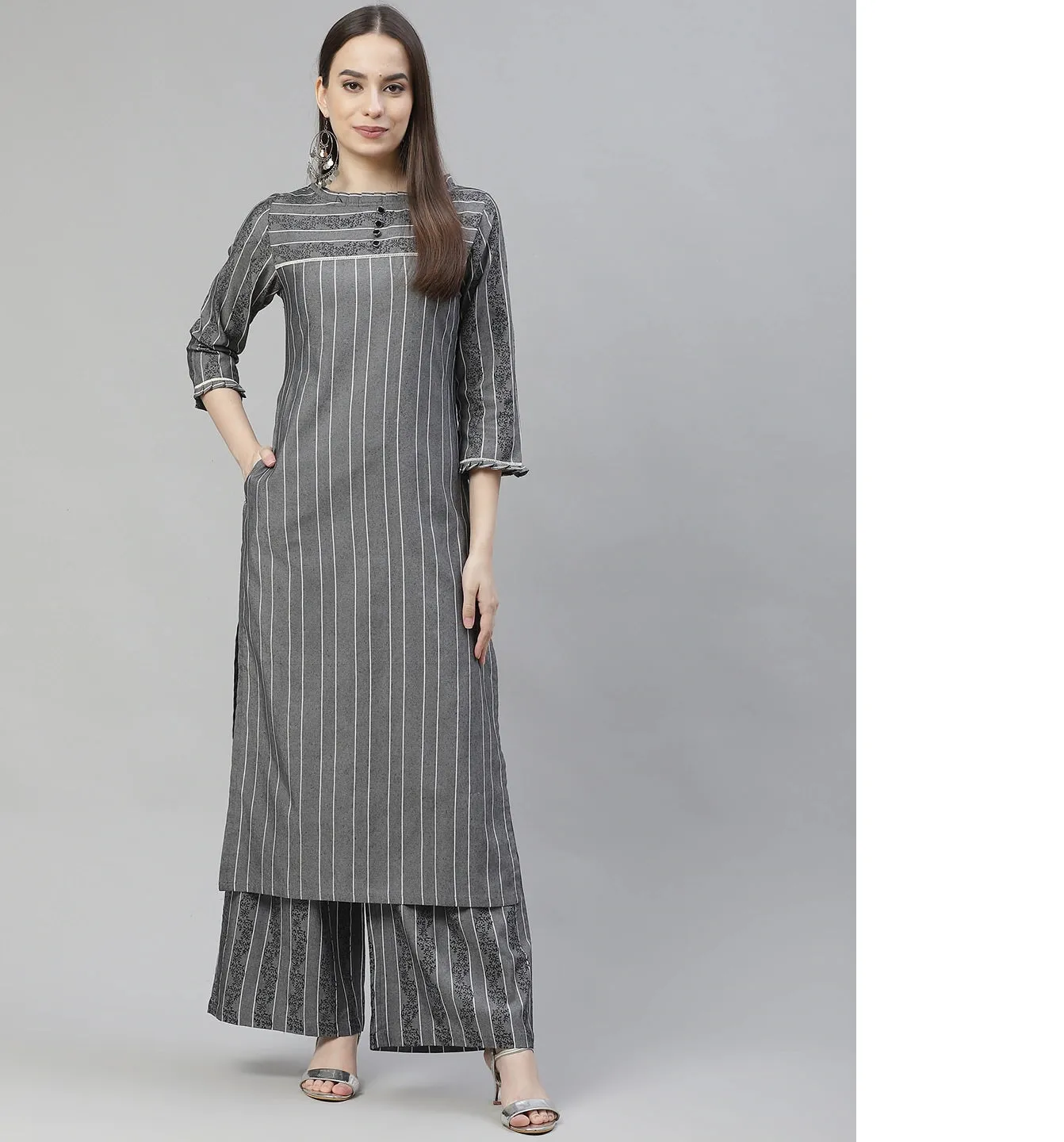 Women Grey Printed Regular Pure Cotton Kurta With Palazzos