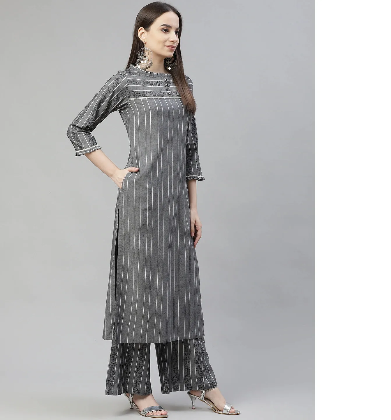 Women Grey Printed Regular Pure Cotton Kurta With Palazzos