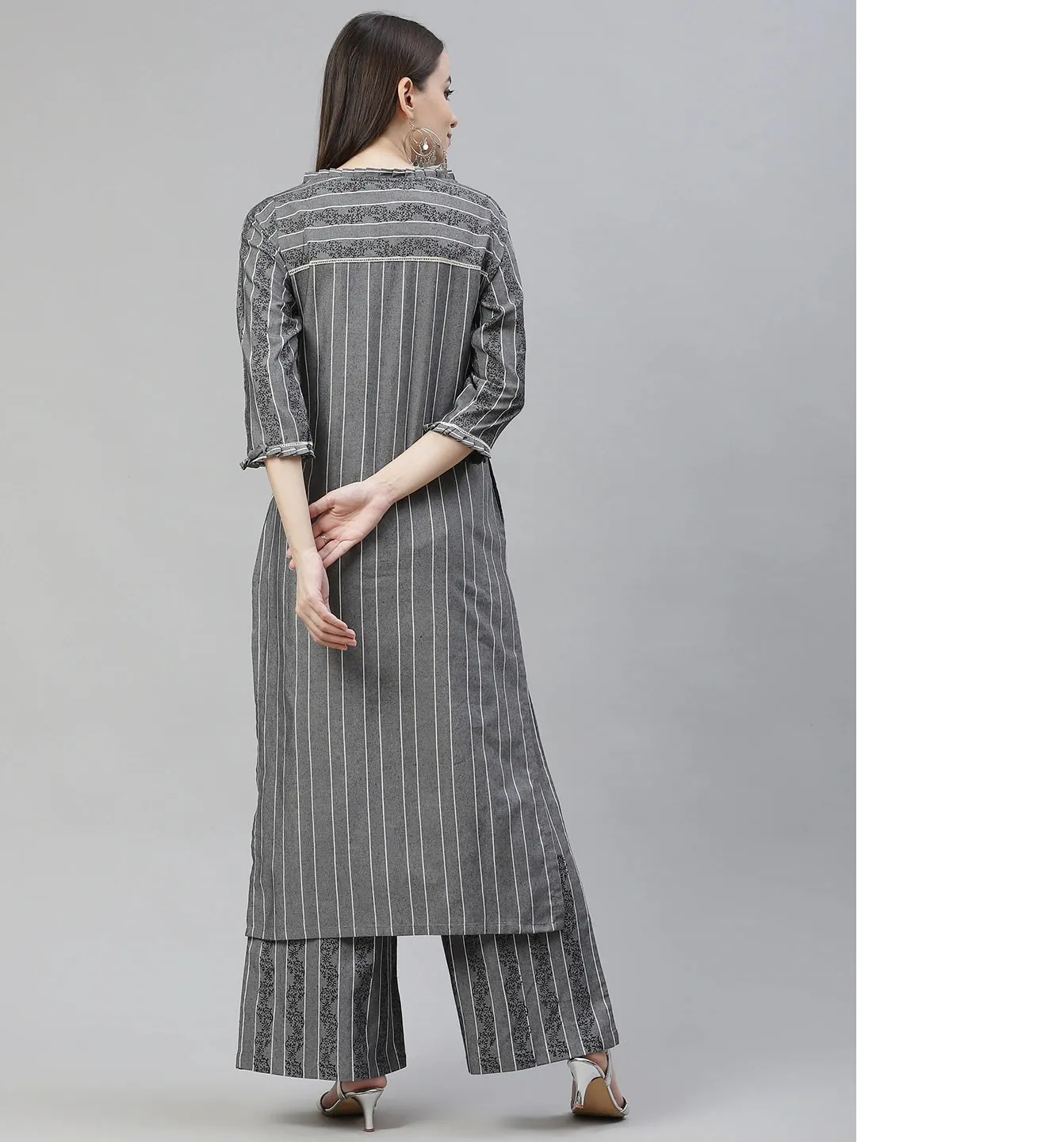 Women Grey Printed Regular Pure Cotton Kurta With Palazzos