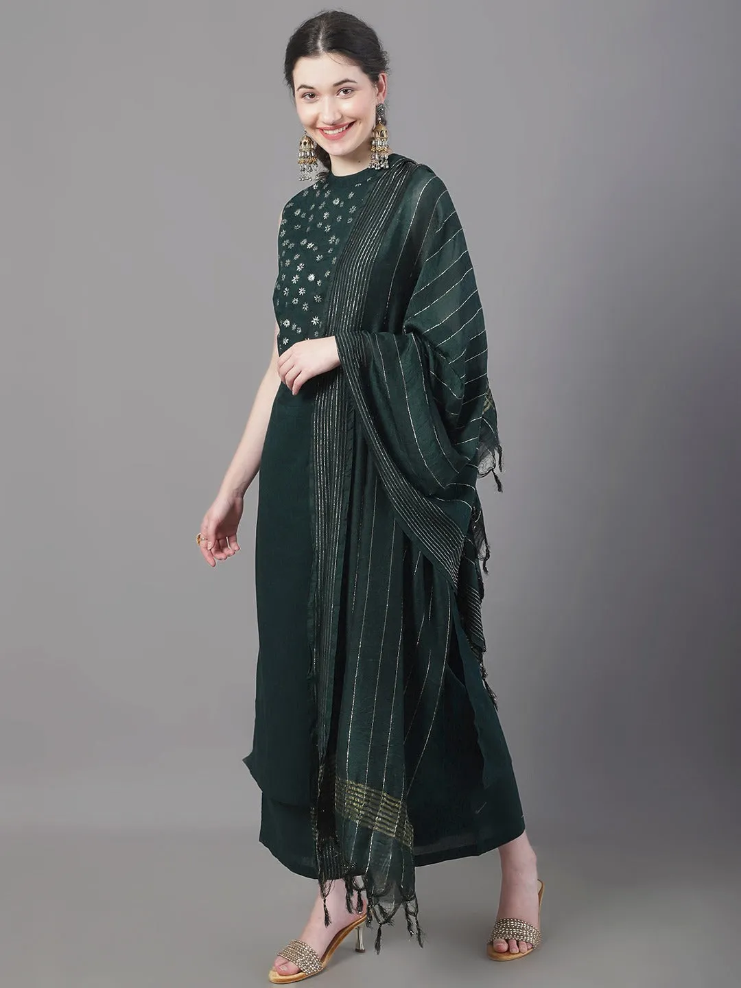 Women Handblocked Straight Kurta & Palazzo With Dupatta Set