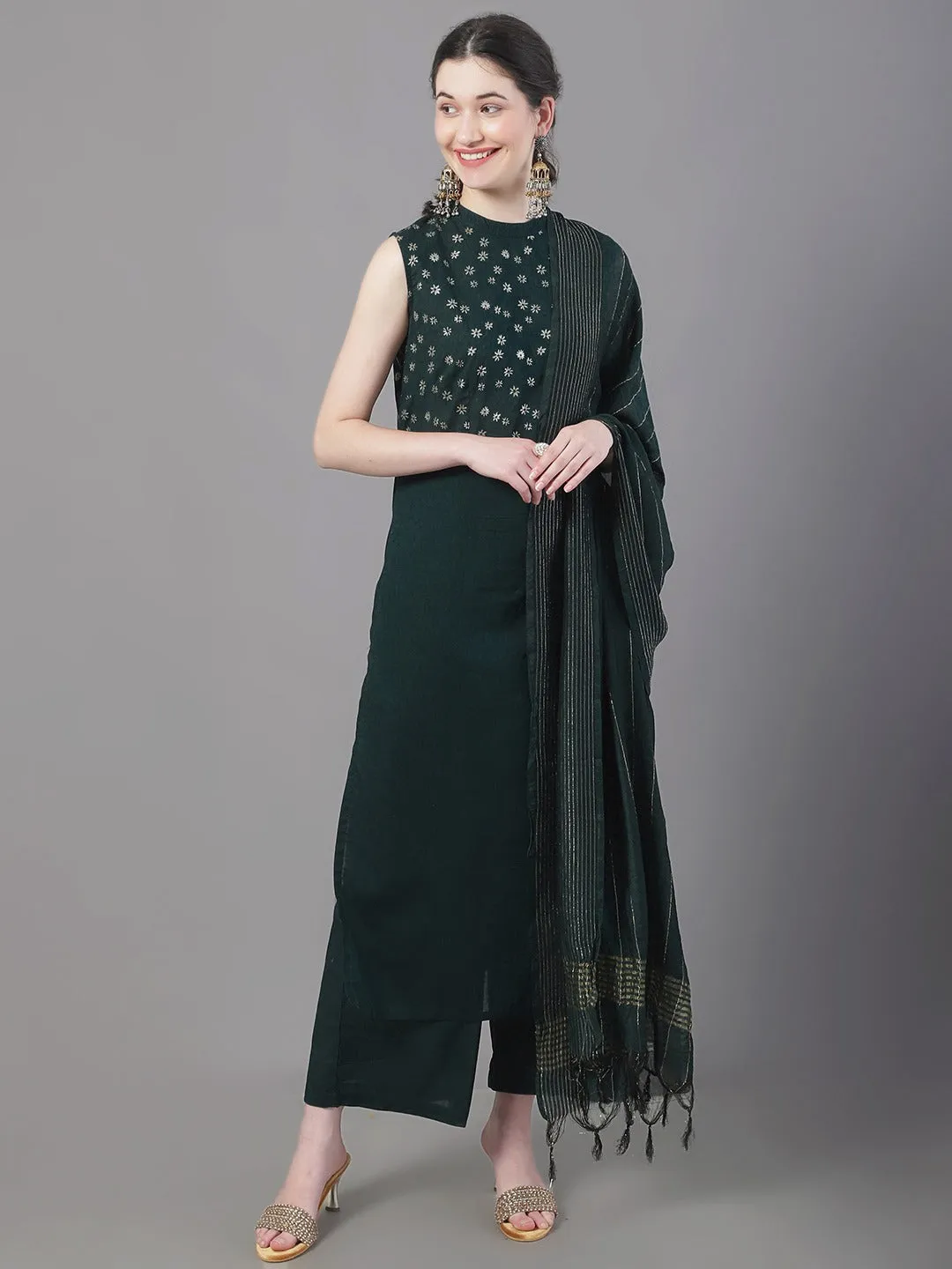 Women Handblocked Straight Kurta & Palazzo With Dupatta Set