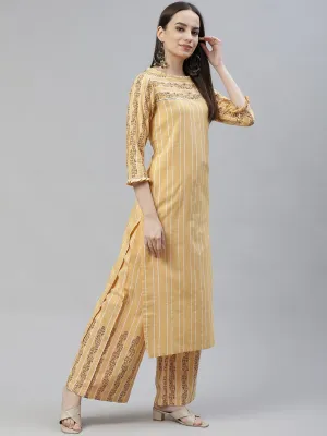 Women Yellow Printed Regular Beads And Stones Pure Cotton Kurta With Palazzos