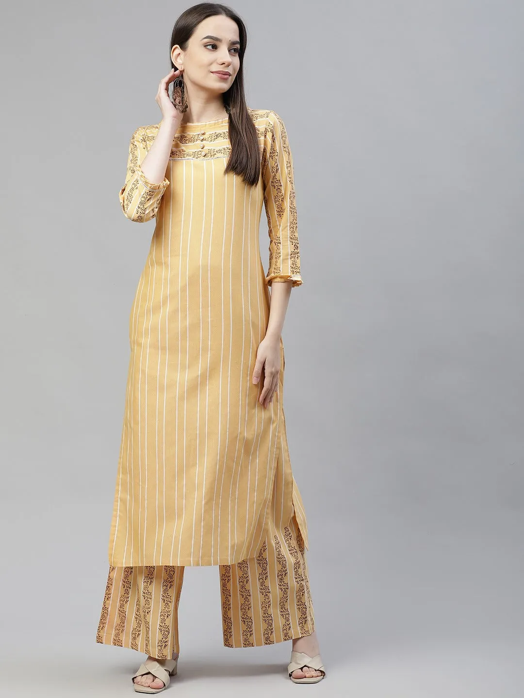 Women Yellow Printed Regular Beads And Stones Pure Cotton Kurta With Palazzos