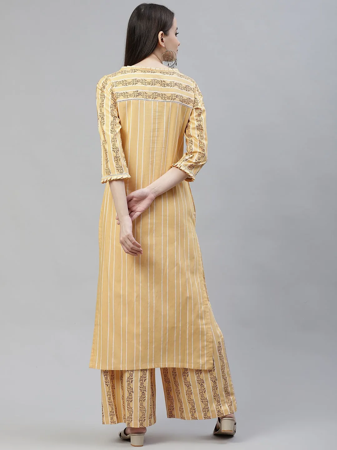 Women Yellow Printed Regular Beads And Stones Pure Cotton Kurta With Palazzos