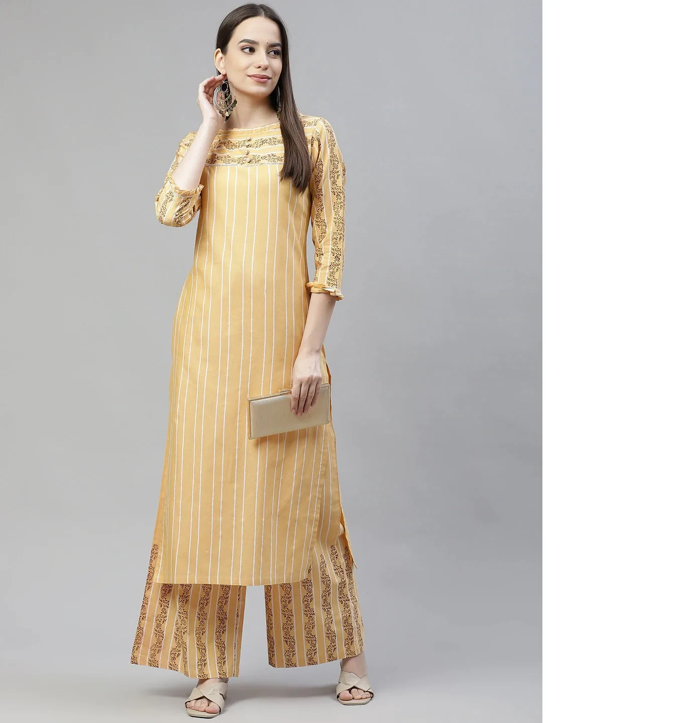 Women Yellow Printed Regular Beads And Stones Pure Cotton Kurta With Palazzos