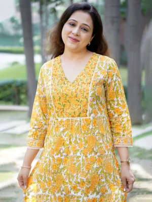 Women's Cotton Yellow & White Kurti