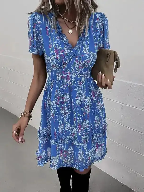 Women’s Floral Print Flutter Sleeve Faux Wrap Mini Dress