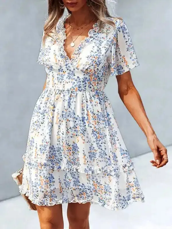 Women’s Floral Print Flutter Sleeve Faux Wrap Mini Dress