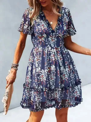 Women’s Floral Print Flutter Sleeve Faux Wrap Mini Dress