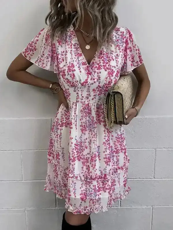 Women’s Floral Print Flutter Sleeve Faux Wrap Mini Dress